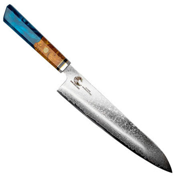 Japanese Gyuto knife with a colourful wooden handle