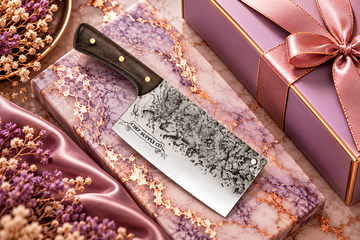 Chef Supply Co. cleaver on lavender marble with rose-gold accents and elegant gift packaging.