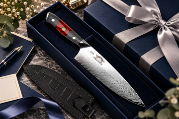 Premium Damascus steel kitchen knife in luxury navy gift packaging with silver ribbon and black leather sheath.