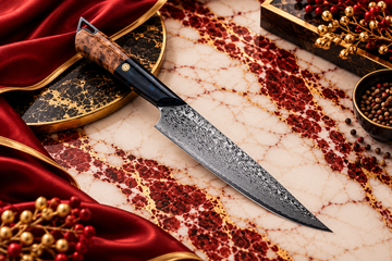 Night Train Series Damascus chef knife with a wooden and black handle on luxurious burgundy and white marble with elegant gold accents.