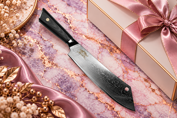 Black-handled Damascus kitchen knife on lavender-pink marble with rose-gold veining and luxury gift packaging.
