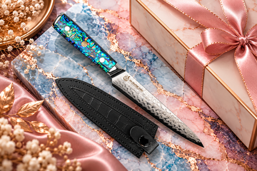 Premium kitchen knife with black sheath on blue and blush marble with rose-gold accents.