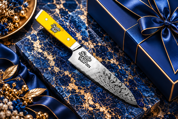 Sizzle Fest kitchen knife on royal blue marble with gold veining and luxury gift packaging.