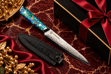 Premium kitchen knife with an iridescent handle and black sheath on burgundy marble, styled with black and gold gift packaging and a red satin ribbon.