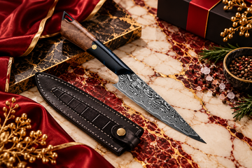 Premium Damascus chef knife with a two-tone wooden and black handle, displayed with a black leather sheath on burgundy and white marble with elegant gold accents.
