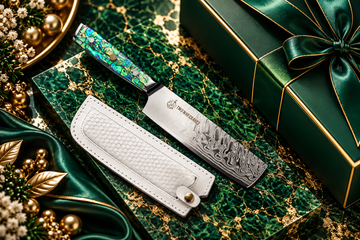 Two Way Cranes kitchen knife and white sheath on emerald green marble with gold veining and luxury gift packaging.