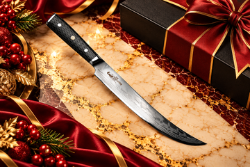 Chef Supply Co. Damascus kitchen knife with a black honeycomb handle and curved patterned blade, displayed on cream marble with burgundy velvet, gold accents, and luxury gift packaging for VIP corporate customers.