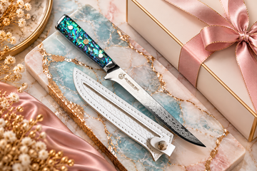 Premium kitchen knife with iridescent handle and white sheath on pink and blue marble with rose-gold accents.