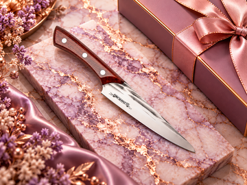 Chef Supply Co. kitchen knife on lavender marble with rose-gold accents and luxury gift packaging.