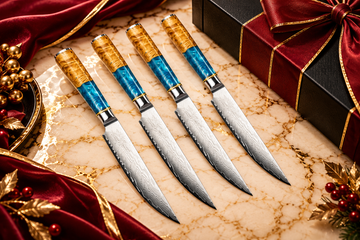 Set of four Damascus kitchen knives with blue resin and burlwood handles, arranged on cream marble with burgundy velvet and gold accents for premium corporate gift production.