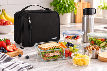 Black PackIt freezable lunch bag beside containers of sandwiches, fresh fruit, salad and snacks on a kitchen countertop.