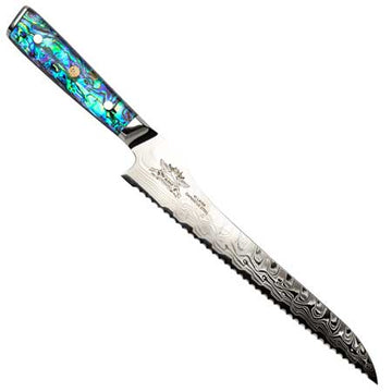 Damascus bread knife with serrated blade