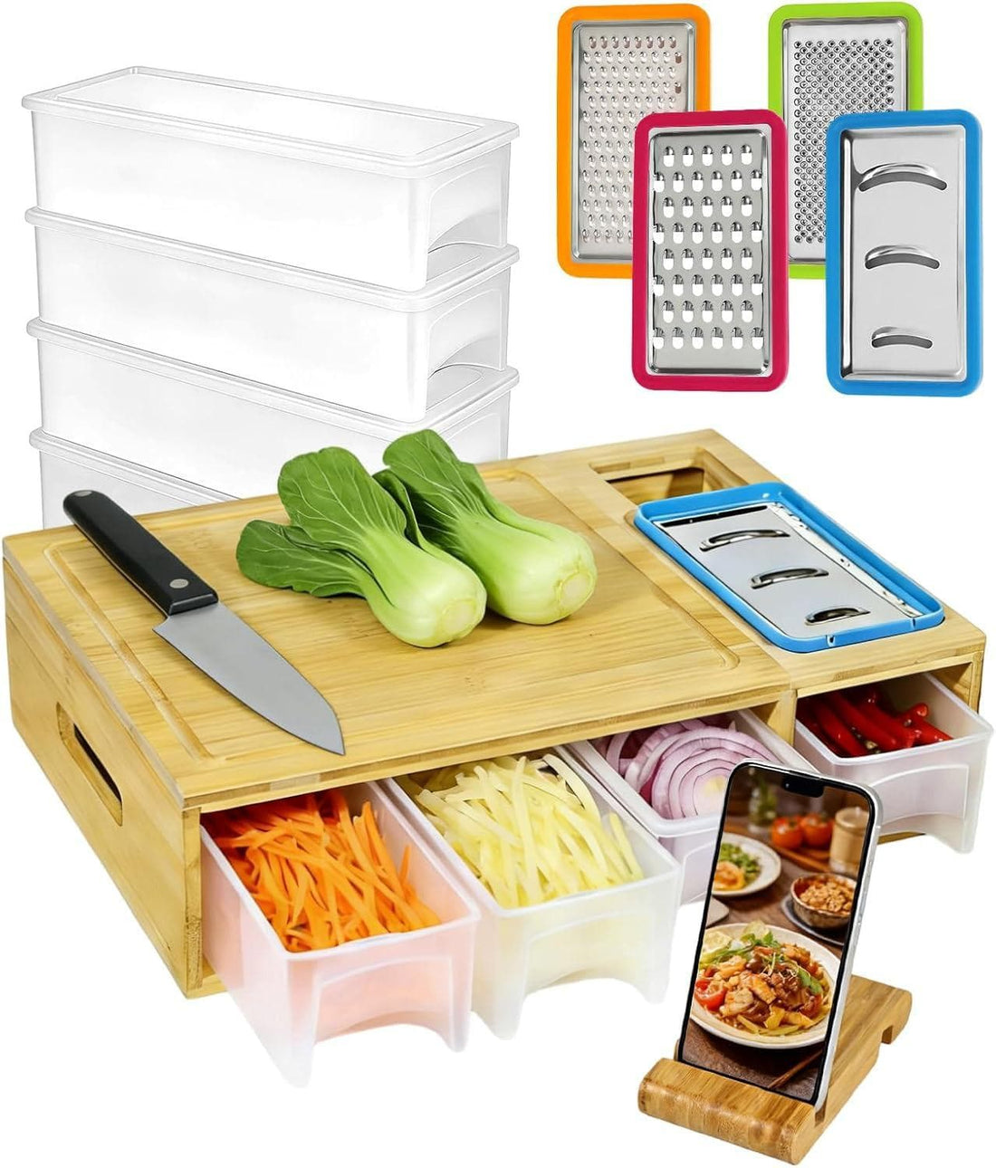 CHEF SUPPLY CO Chopping Board Large Bamboo Cutting Board With 4 Containers & Phone Holder