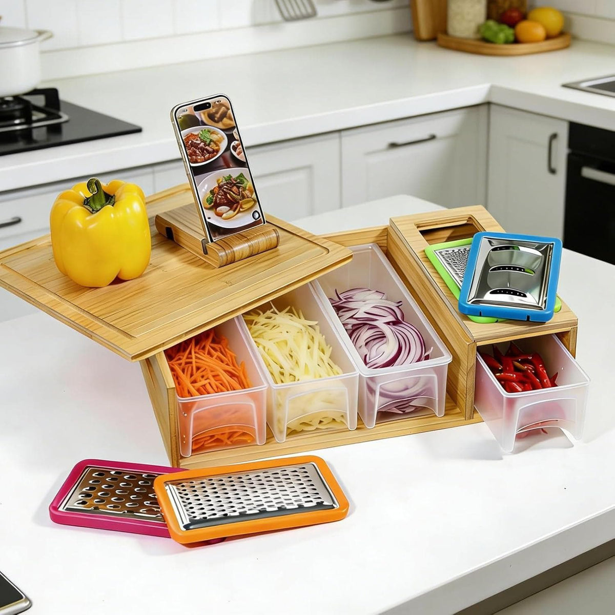 CHEF SUPPLY CO Chopping Board Large Bamboo Cutting Board With 4 Containers & Phone Holder