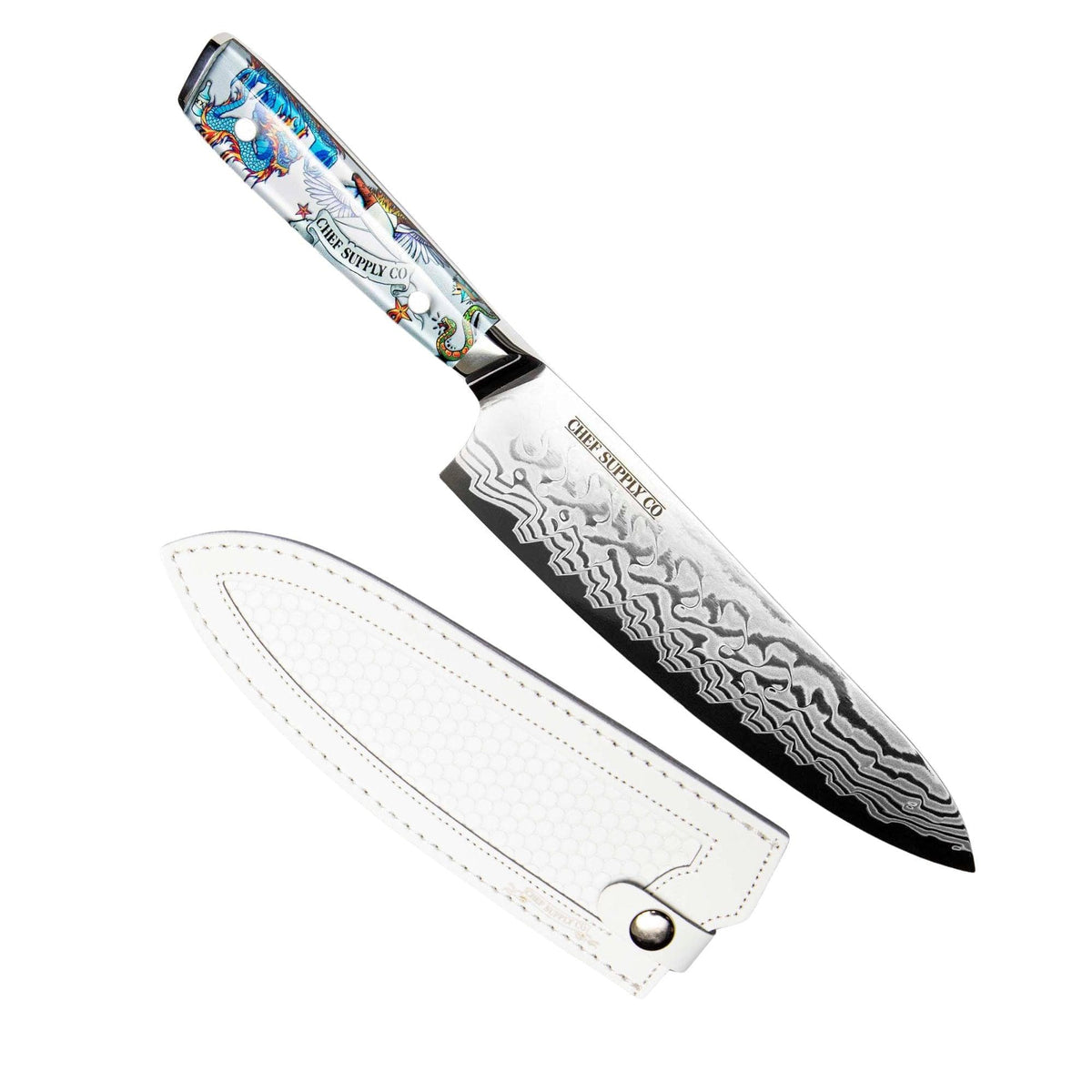 Chef Supply Co Inked Series 21cm AUS-10 Damascus Chef Knife with White Leather Sheath