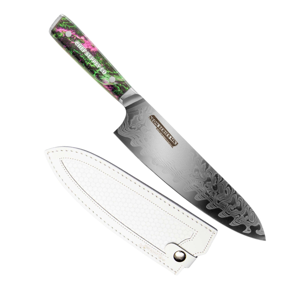 CHEF SUPPLY CO Kitchen Knives Neon Series MK3 - 21 cm - AUS-10 - 45 Layer Damascus Chef Knife with Leather Sheath
