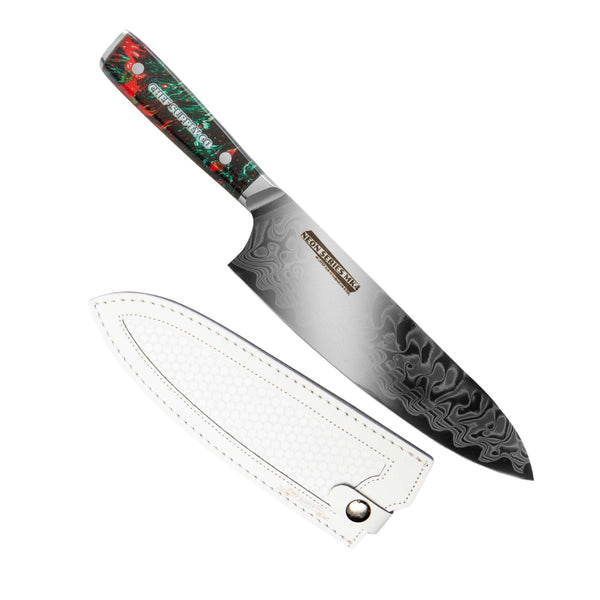 CHEF SUPPLY CO Kitchen Knives Neon Series MK4 - 21 cm - AUS-10 - 45 Layer Damascus Chef Knife with Leather Sheath