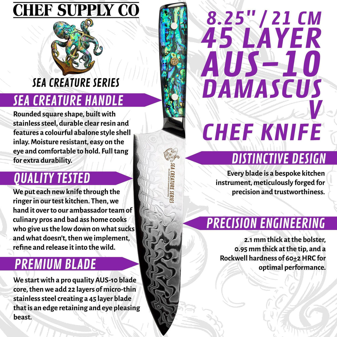 CSC BRANDED Kitchen Knives Sea Creature Series. 8.25" - 21 cm, 45 Layer AUS-10 Damascus Chef Knife, Resin Handle