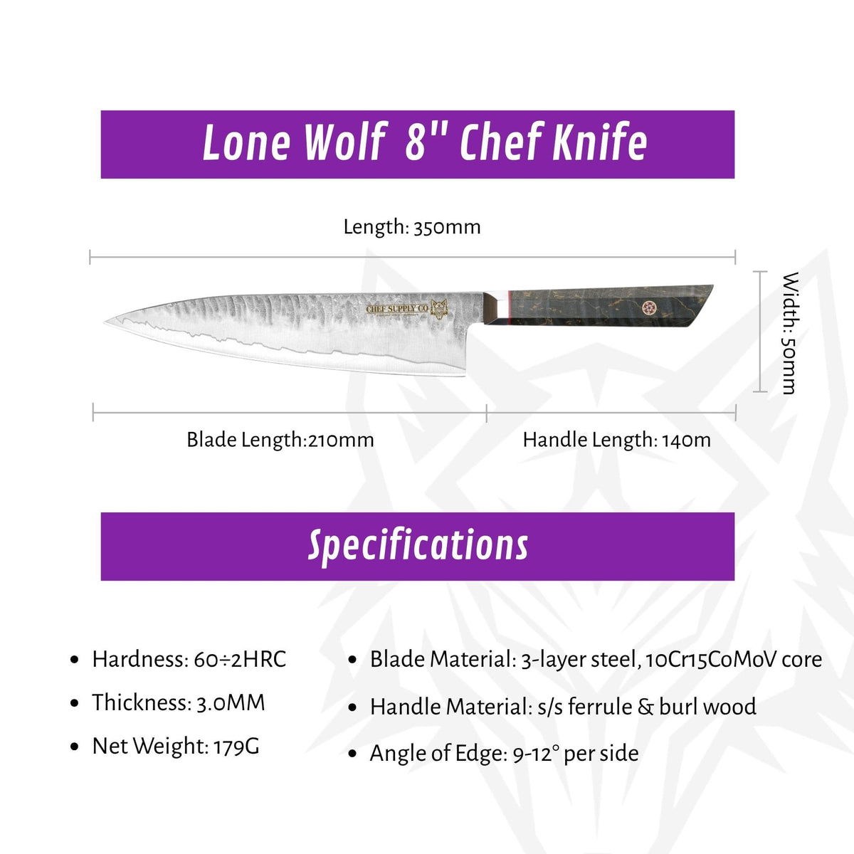 CHEF SUPPLY CO Lone Wolf Series 8" Chef Knife - 3-Layer Steel Core