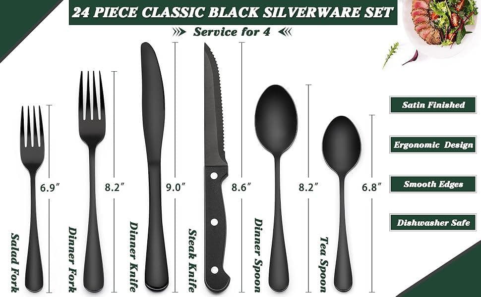 Chef Supply Co Silverware 24-Piece Black Stainless Steel Cutlery Set With Steak Knives