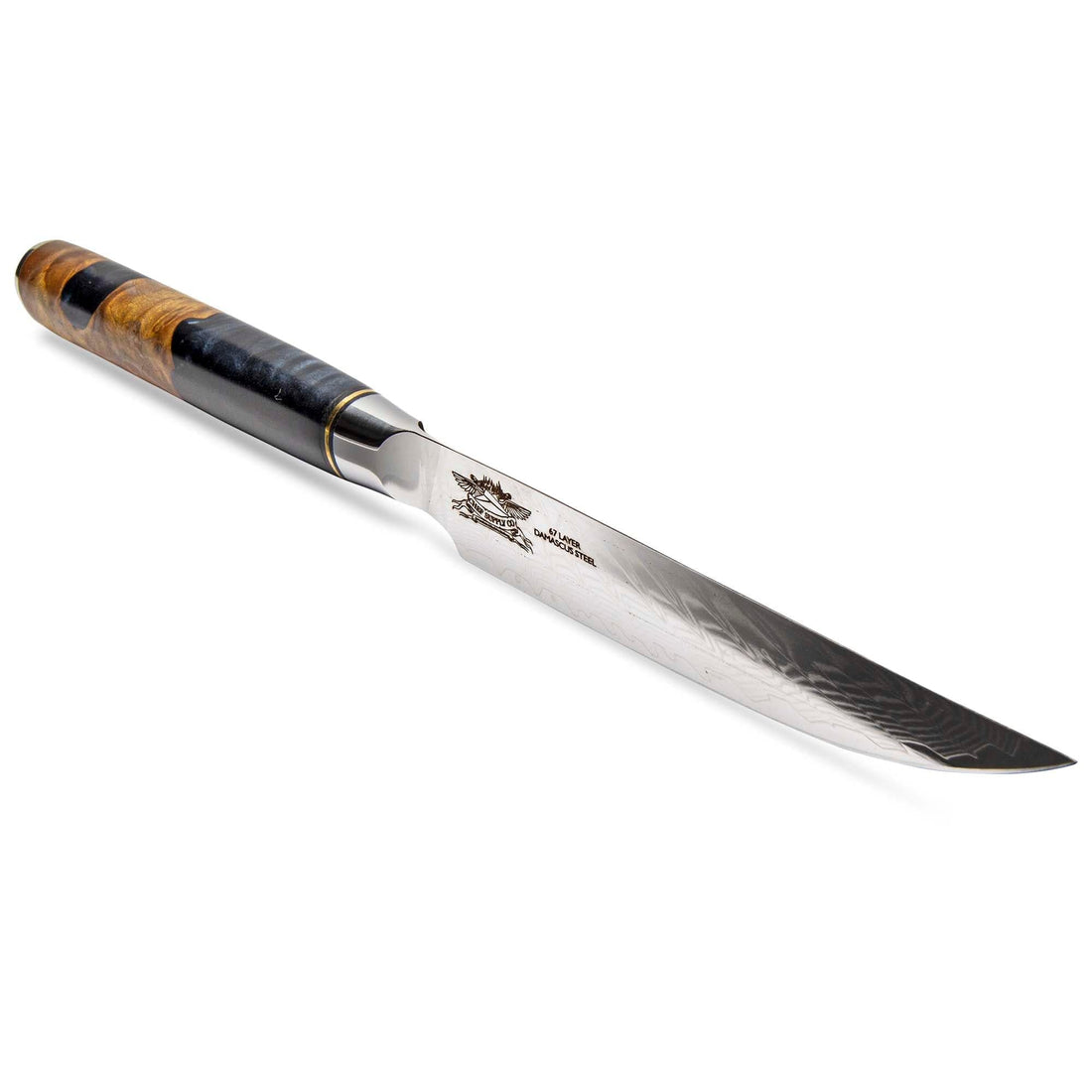 CHEF SUPPLY CO STEAK KNIFE SET Black Beach Series Damascus Steak Knives - Set of 4 - Black Resin and Wood Burl Handles