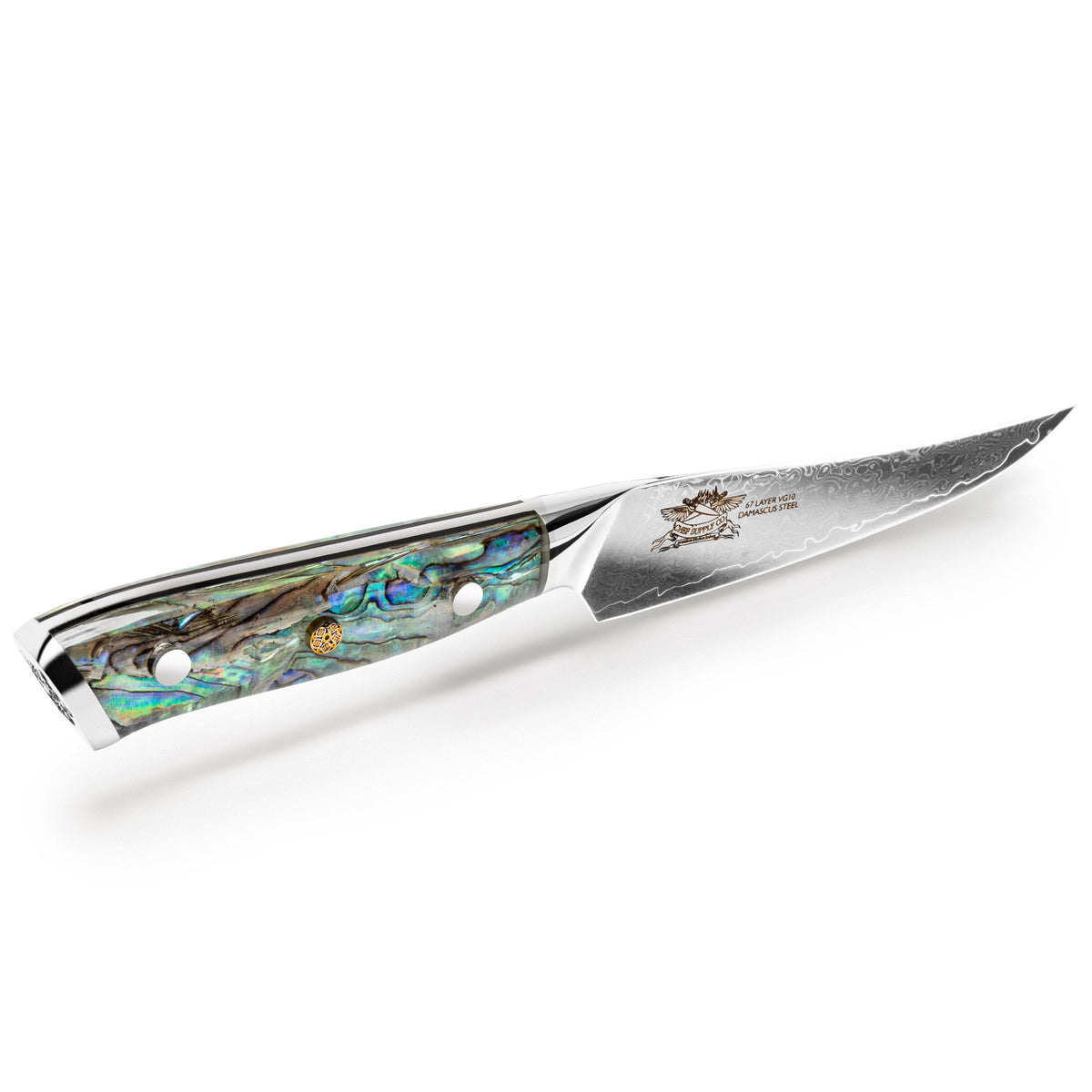 CHEF SUPPLY CO STEAK KNIFE SET Sea Creature Series VG-10 Damascus Steak Knife Set of 4 - Clear Resin Full Tang Handle