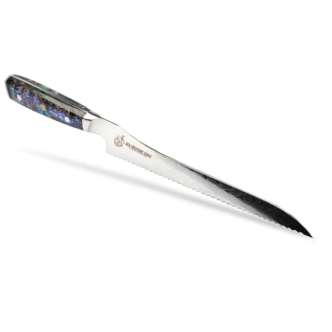 CSC BRANDED Kitchen Knives Sea Creature Series.  10" - 25 cm 45 Layer AUS-10 Damascus Bread Knife. Resin Handle