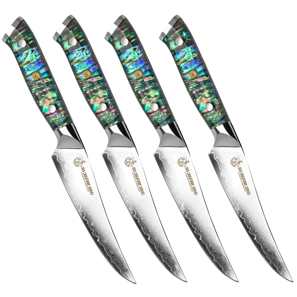 CSC BRANDED STEAK KNIFE SET Sea Creature Series VG-10 Damascus Steak Knife Set of 4 - Clear Resin Full Tang Handle