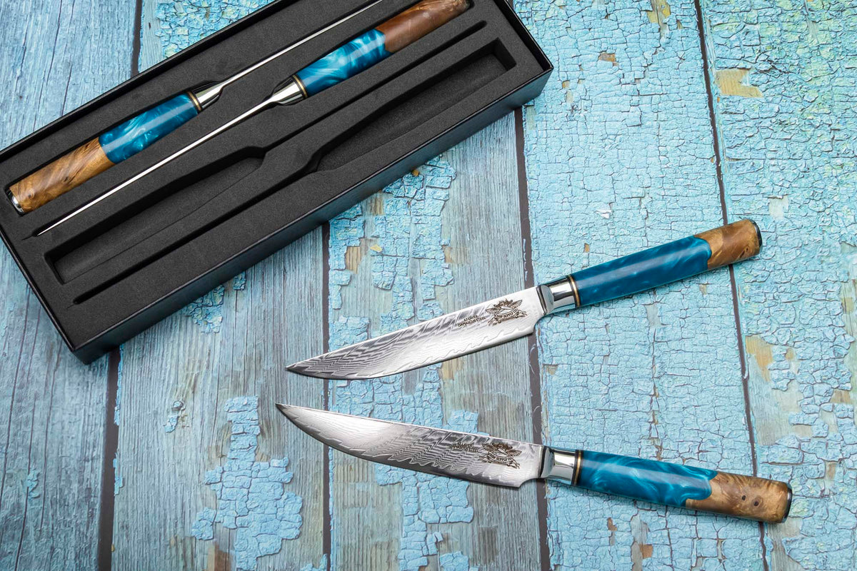 CHEF SUPPLY CO Damascus Steak Knives - Set of 4 - Resin and Wood Burl Handles