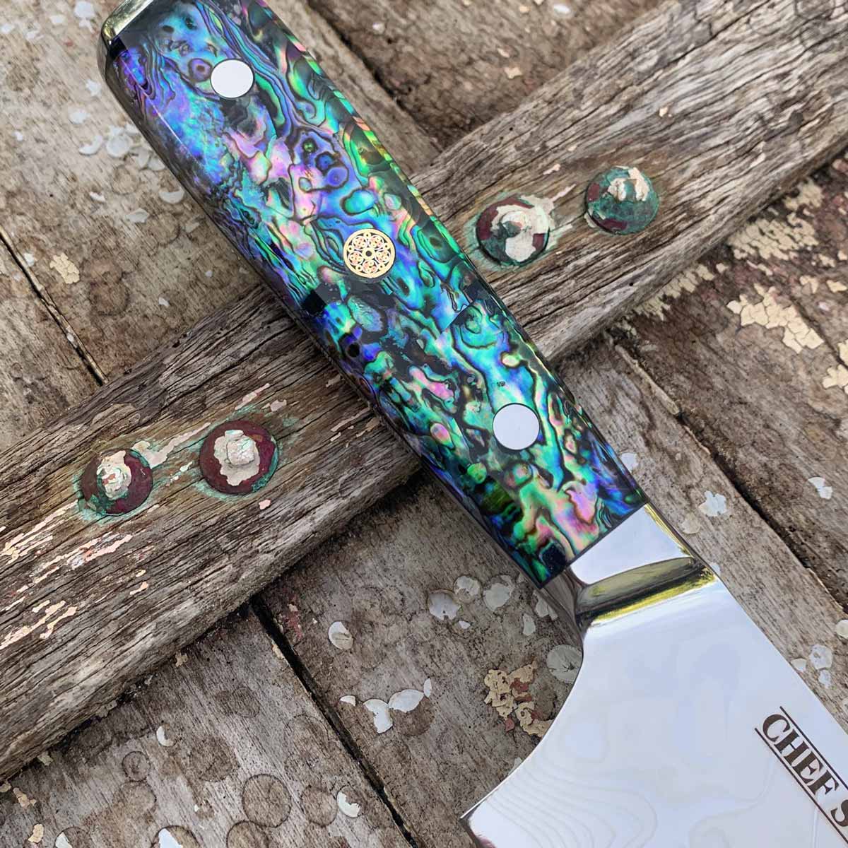 CHEF SUPPLY CO "Sea Creature" Series. 8"-20.6cm 45 Layer Damascus Chef Knife with Full Tang Resin Handle & White Leather Sheath