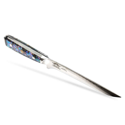 CHEF SUPPLY CO Sea Creature Series Boning, Trimming, Fillet Knife. 45 Layer Damascus, Resin Handle & White Leather Sheath