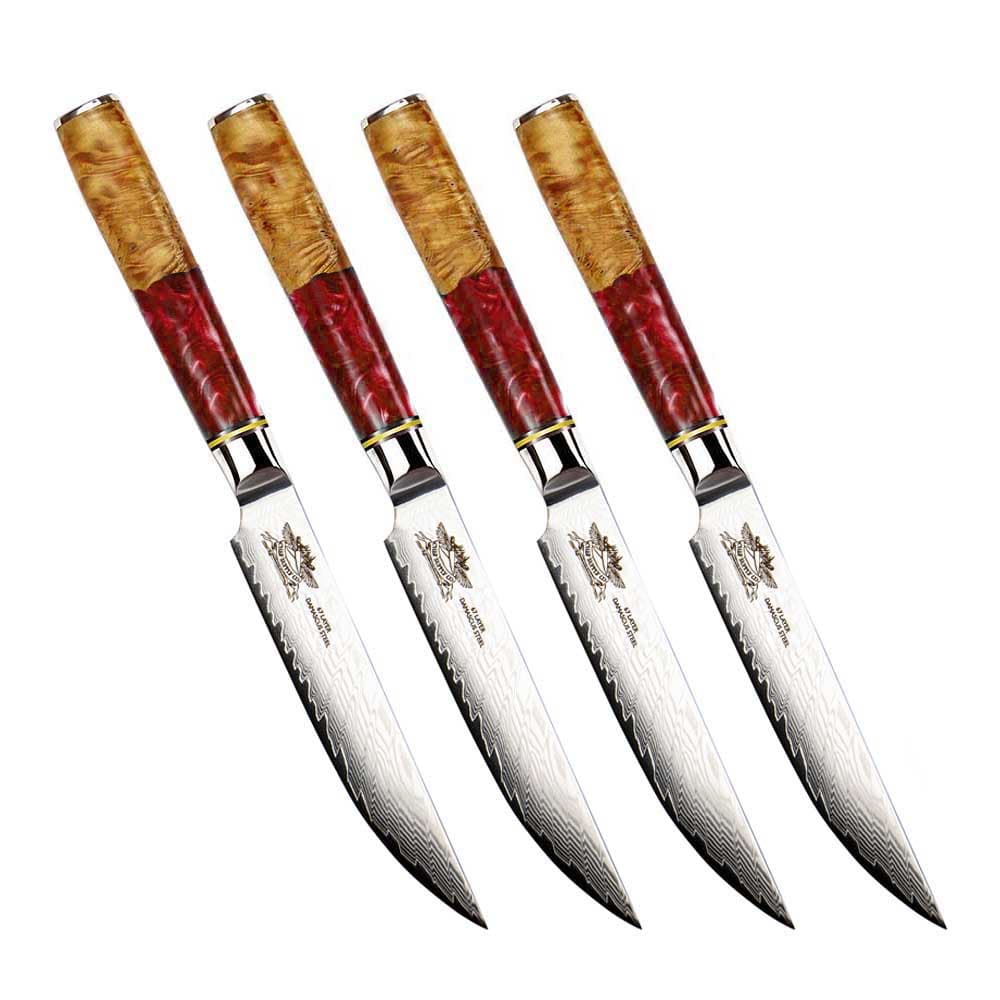 Blood Beach Series VG-10 Damascus Steak Knife Set of 4 – Red Resin & Wood Burl Handles